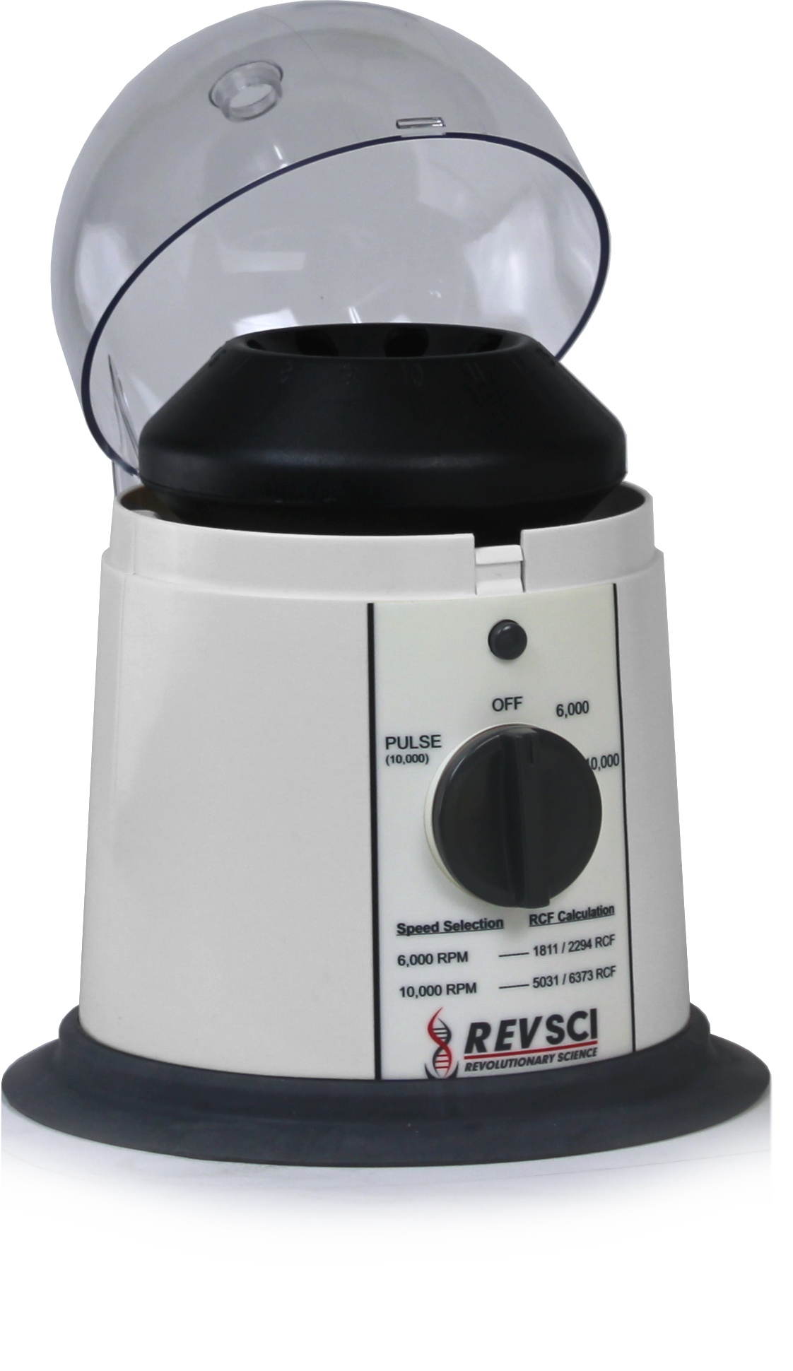 RevSpin 102 Microcentrifuge Basic – compact lab centrifuge with a 16-position rotor for 1.5 or 2.0 mL tubes, featuring a clear lid, control knob, and vibration-absorbing rubber base